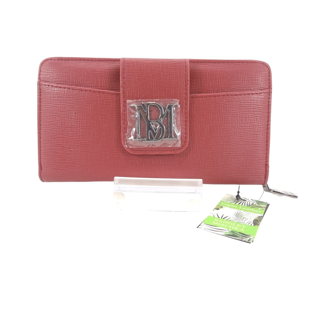 Badgley Mischka Diamond Wallet Wine NEW Vegan Saffiano Leather Zip Around